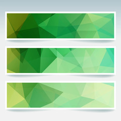 Vector set with green polygonal triangles. Abstract low poly banners.
