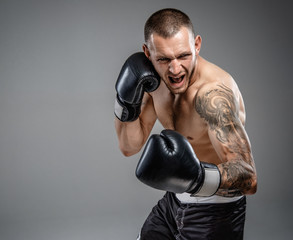 Tattooed fighter isolated on a grey background.