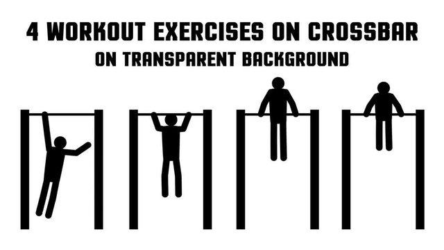 Set of 4 animated consecutive looped street workout exercise pictogram man on the crossbar. Transparent background.
