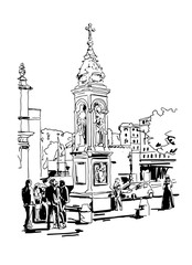 black and white drawing travel card from Rome Italy, old italian