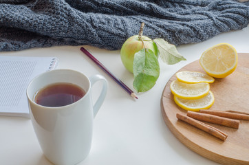 Hot  tea with lemon and cinnamon