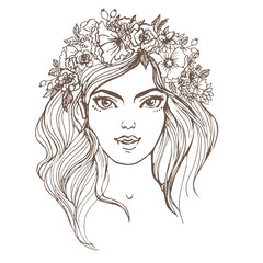 Vector illustration. Pretty girl with wreath of flowers. portrait of a girl