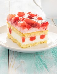 A portion of fresh cream strawberry sponge cake on a plate