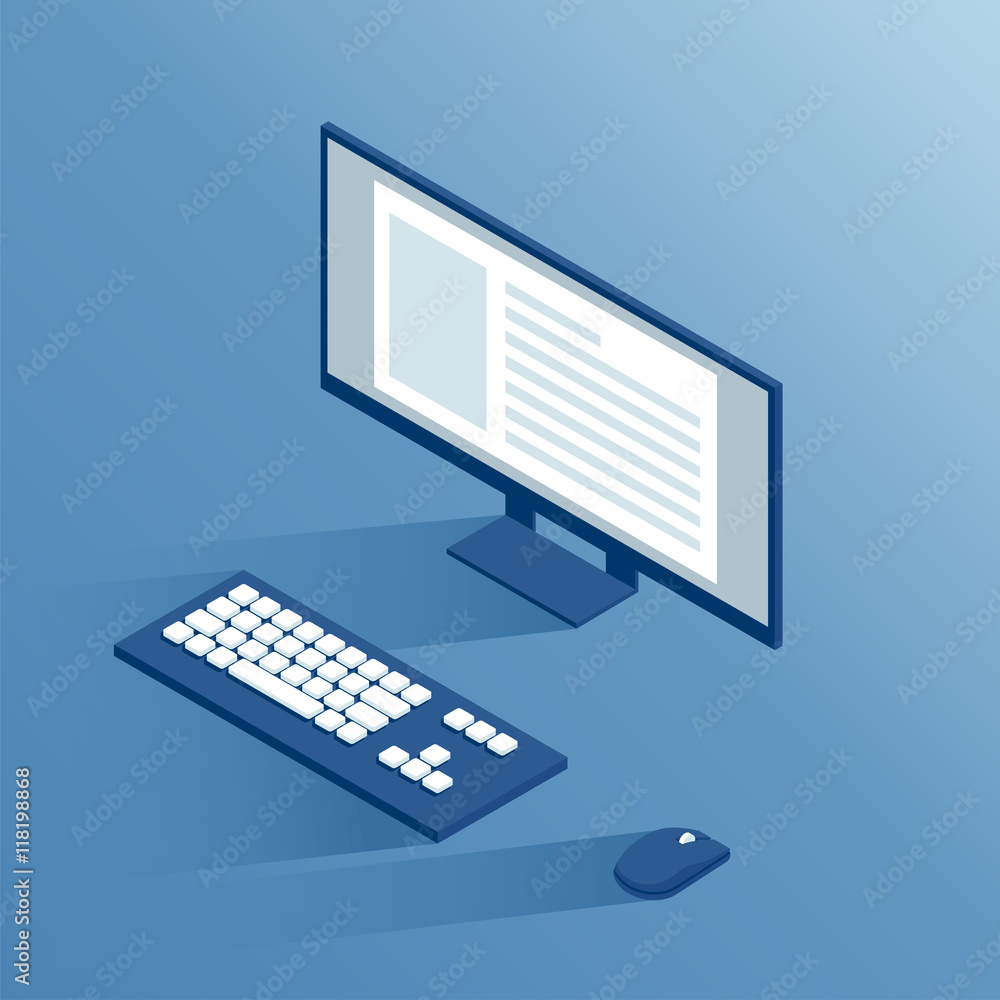 Poster isometric computer peripherals: monitor, keyboard and computer mouse, isometric workplace