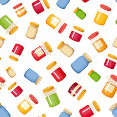 Vector seamless background with colorful jam jars on a white background.