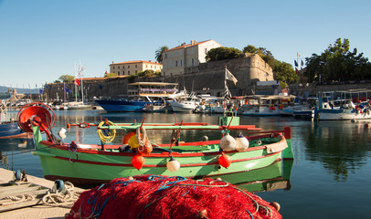 The colorful fishing boat in Ajaccio port, Corsica island.