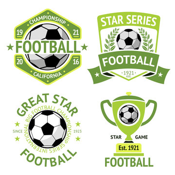 Vector set of green vintage Football labels. With laurel wreath, goblet, ball, shield and ribbons.