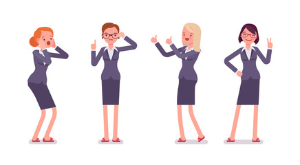 Fototapeta premium Set of four business female characters. Surprised, instructive, strict, thumb up, vicory. Women are in a formal wear. The set of characters isolated against the white background. Cartoon vector flat