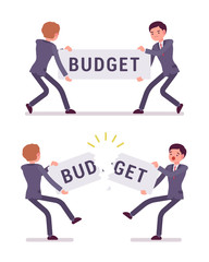 Businessmen are pulling and tearing a word budget. Cartoon vector flat-style concept illustration