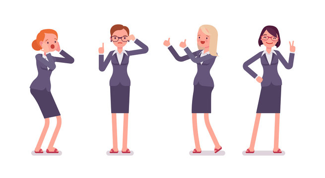 Set of four business female characters. Surprised, instructive, strict, thumb up, vicory. Women are in a formal wear. The set of characters isolated against the white background. Cartoon vector flat