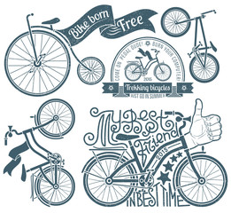 Lettering in logo with a bicycle. Bikes in vintage style with grunge texture. Grunge texture grouped separately and is easily removed.