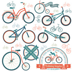 Bicycles of various types - trekking, vintage, street, MTB, bmx. Vintage logo with a bicycle.