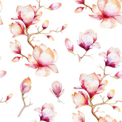 Fototapety  Akwarela bezszwowe tapeta z kwiatów magnolii, liści.