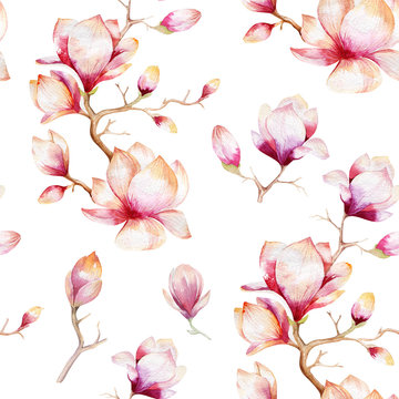 Fototapeta Watercolor seamless wallpaper with  magnolia flowers, leaves.