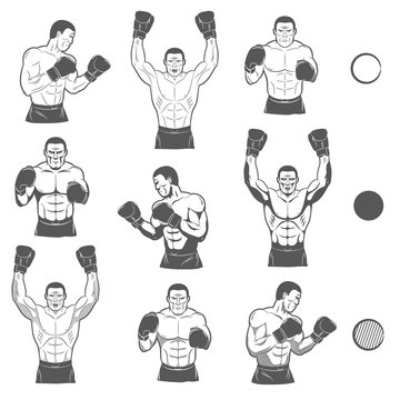 Boxer front, side view in different versions, with and without shadows. A set of monochrome drawings Boxer in different poses.
