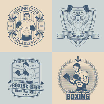 Emblems on the theme boxing - round, triangular, rectangular. Sports logos with boxer.