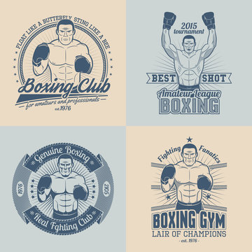 Boxing logos. Boxer in the corner. Boxer with raised hands. Boxing emblem in retro style.