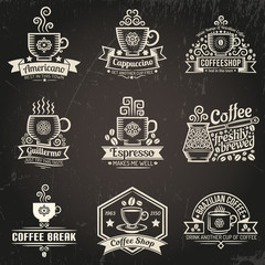 Fototapeta premium Coffee logos. Emblems for coffee shop in vintage style. Cup of coffee. Grunge texture grouped separately and is easily removed.