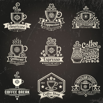 Coffee logos. Emblems for coffee shop in vintage style. Cup of coffee. Grunge texture grouped separately and is easily removed.