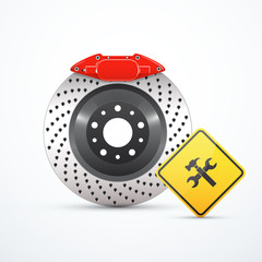 Vector car brakes with service sign. Car service.
