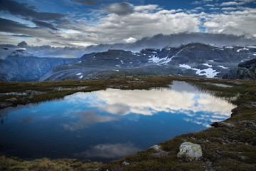 Stunning mountain landscape with pond at beforehand. Norway, Scandinavia.