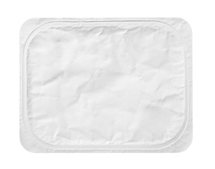 Top view of rectangular aluminum foil cover food tray isolated on white