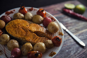 Delicious red fish dish in a cafe