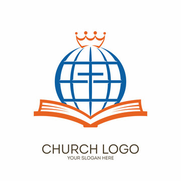 Church logo. Christian symbols. Bible, cross, globe and crown.