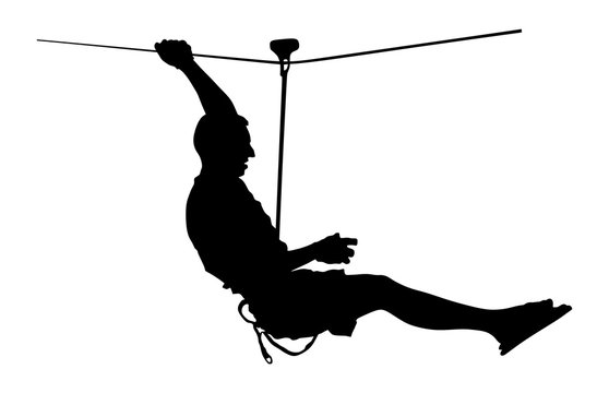 Extreme sportsman took down with rope. Man climbing vector silhouette illustration, isolated on the white background. Sport weekend action in adventure park rope ladder. Ropeway for fun, team building