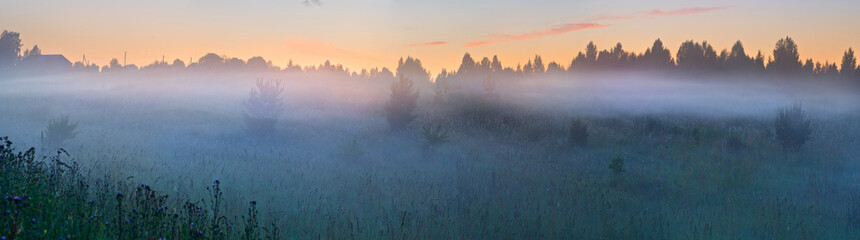 Panorama of a misty summer morning before sunrise.