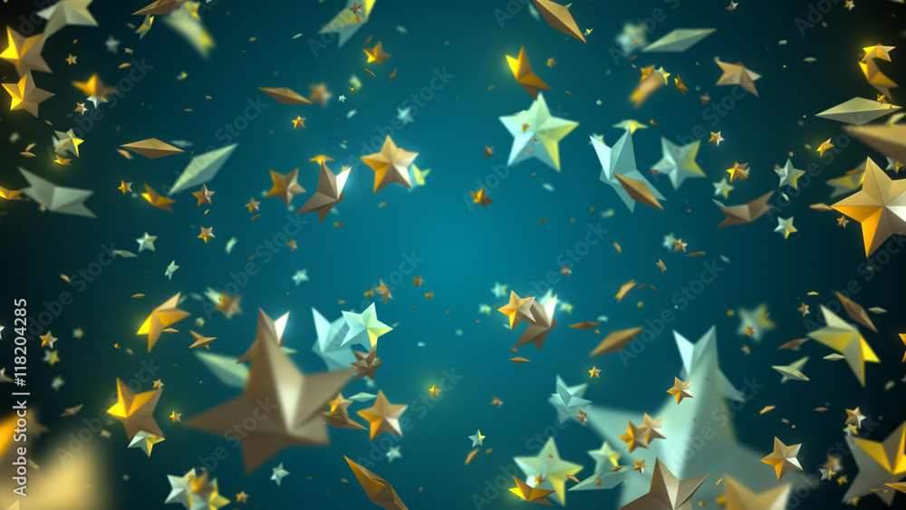 Poster 3d rendering festive bright background with stars shapes