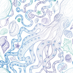 Octopus and Seashell seamless pattern. Summer holiday marine background. Underwater animals