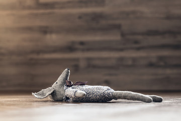 Vintage plush toy on wooden floor 