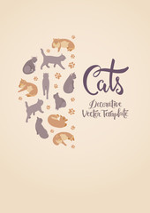 Vector decorating design with the cats. Colorful card template with copy space