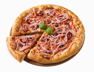 Tasty pizza with ham and sausage, isolated