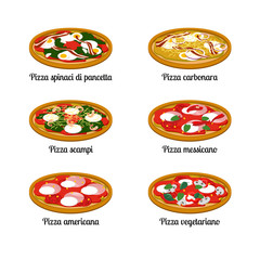 Set of sort of pizza with different ingredients. Vector flat illustration on white background