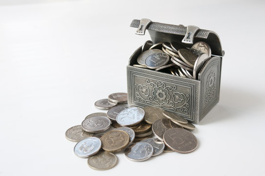 Iron chest with coins and a number of Russian rubles