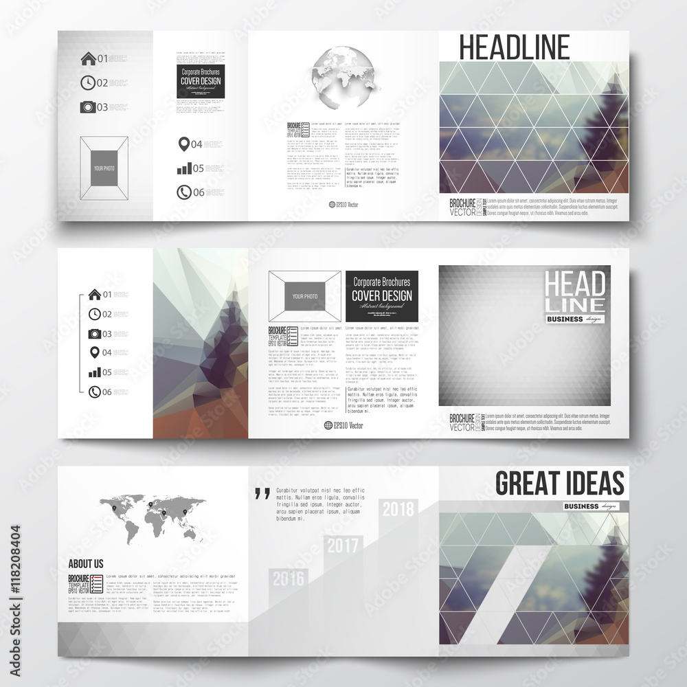 Poster set of tri-fold brochures, square design templates. abstract colorful polygonal background, modern s