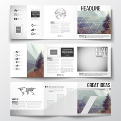 Set of tri-fold brochures, square design templates. Abstract colorful polygonal background, modern stylish triangle vector texture