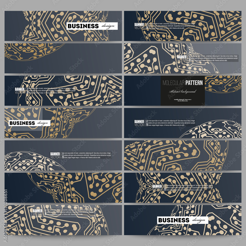 Poster set of modern banners. golden microchip pattern, abstract template with connecting dots and lines, c