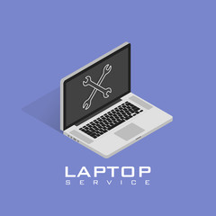 Isometric Laptop repair icon. Service, maintenance, customization, restore concepts.