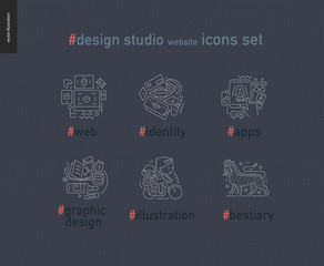 Design studio website outlined icons set - contemporary flat vector icons of web design, identity, graphic design, app development, illustration and team bestiary, for design studio website, on dark