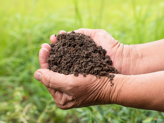 soil on farmer hand over green background