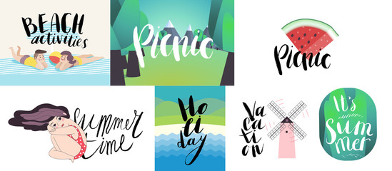 Lettering on beach, picnic, vacation and summer - seven vector cartoon illustrated script writings Beach, Holiday, Summer Time, Vacation, Picnic