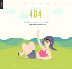 Obraz premium 404 error web page template with waving girl on green landscape background - a girl wearing sun glasses, magents top and grey shirts waves lying down on grass with hills landscape on the background