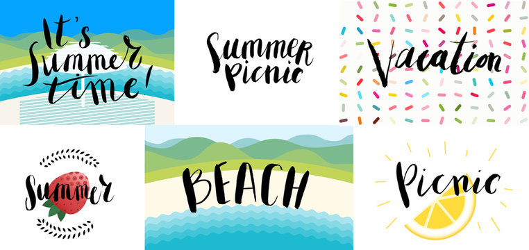 Lettering on beach, picnic, vacation and summer - six vector cartoon illustrated script writings Beach, summer tIme, Vacation,Picnic
