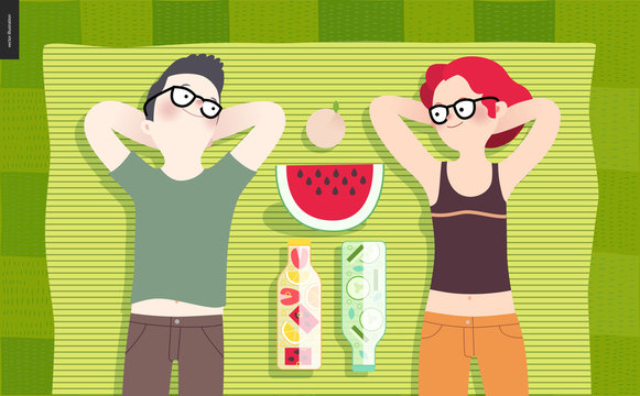Young couple on picnic, top view - flat cartoon vector illustration of woman and man laying down on striped green plaid on green grass, bottles with fruit water, cucumber water, watermelon and peach