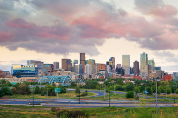 Panorama of Denver skyline at twilight.