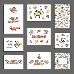 Set of vector greeting card templates. Doodle autumn illustrations. Cute animals wear scarves. Yellow and orange leaves