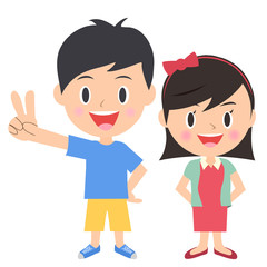 ピースサインをする男の子と女の子